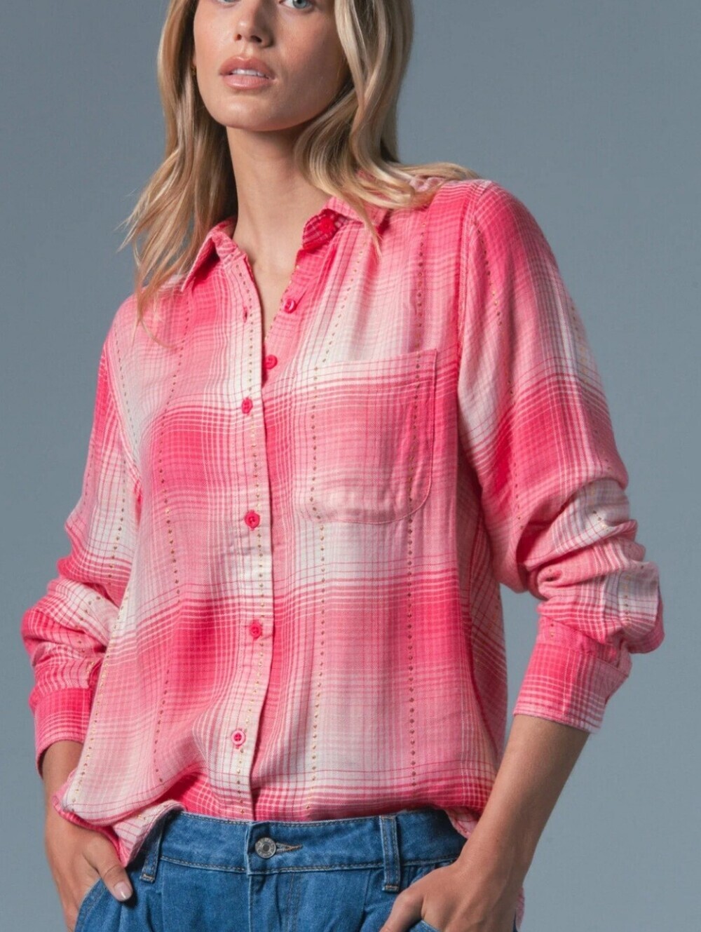 Pink Ombre Plaid Button-Up Shirt - Women's Top